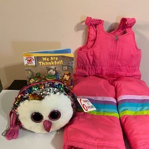 Girl’s Snow pants, Owl Sequins Purse & We Are Thankful Book Bundle